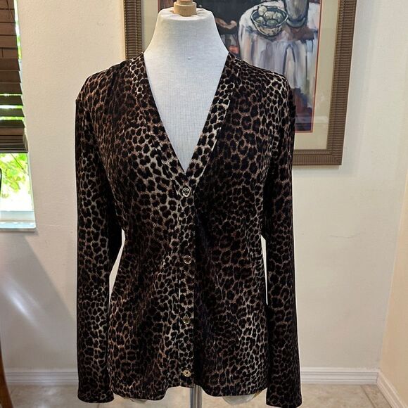 Michael Kors Sweaters - Michael Kors Leopard Print Button Down Cardigan w/Gold Buttons Size Medium